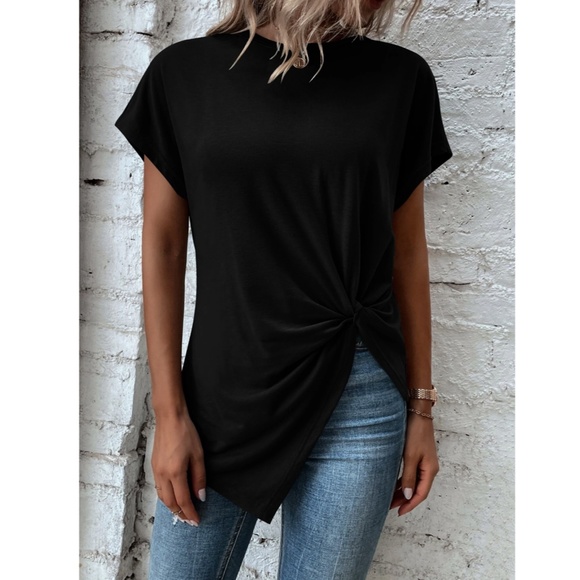 Twist Detail Black Tee Shirt Short Sleeve Round Neck - Picture 4 of 13